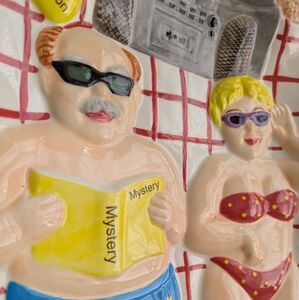 15" Sunbathing Couple Ceramic Party Platter Serving Tray Beach Life Pool Retiree